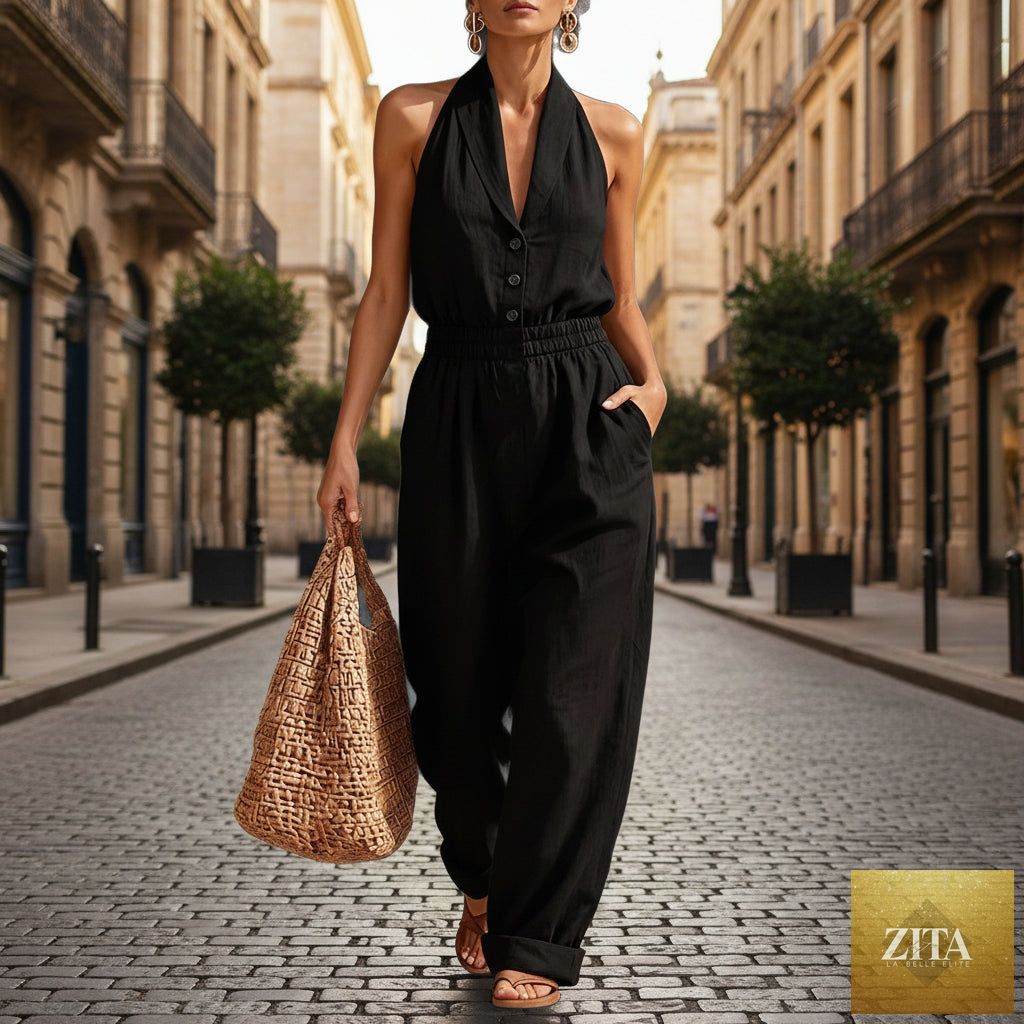 Women's knitted V-neck slim-fit cropped jumpsuit by Zita La Belle Elite, featuring a casual knitted design and a flattering V-neckline.