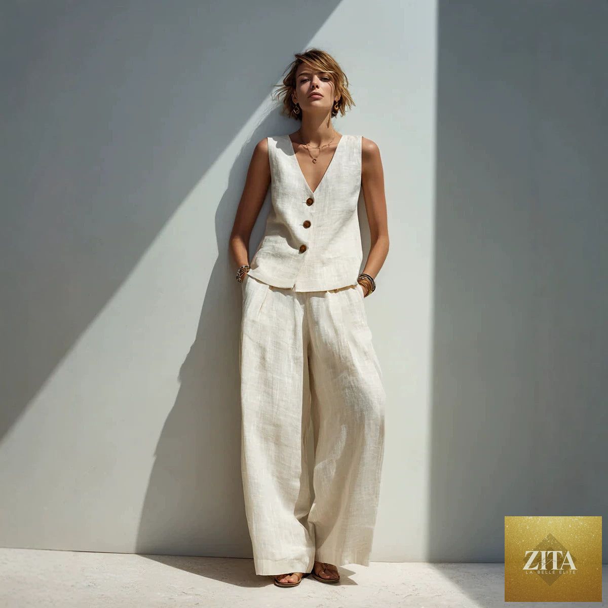 Zita La Belle Elite linen blend V-neck buttoned vest and high-waist wide-leg pants set in multiple colors, front view.