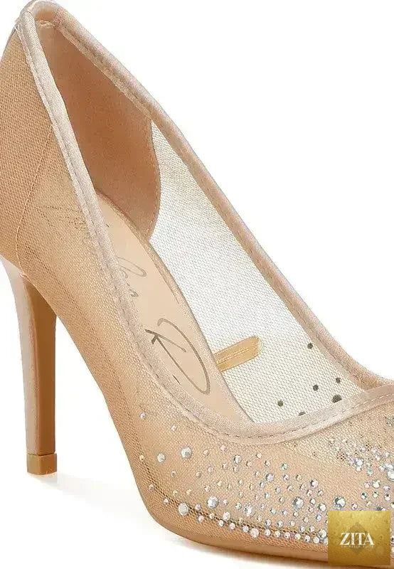 Zita La Belle Elite high ball mesh rhinestone stiletto pumps with pointed toes and sparkling embellishments.