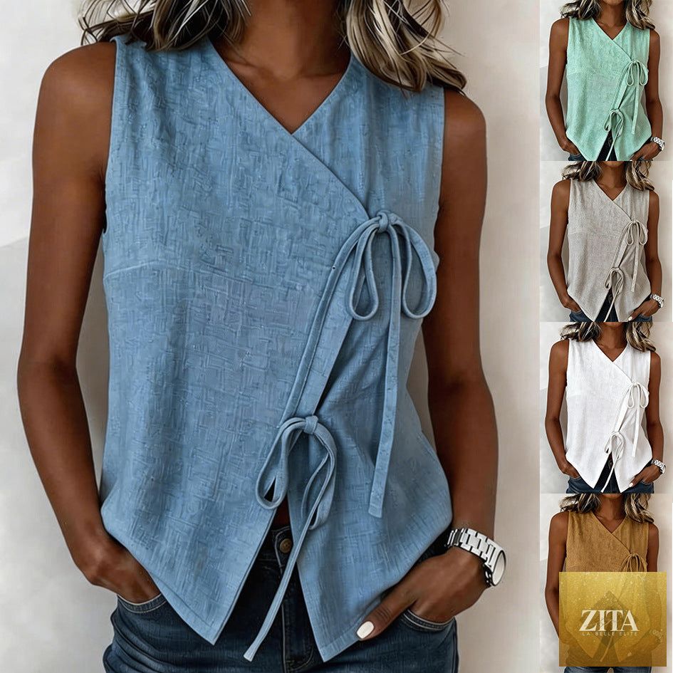 Light blue Bow-Tied V-Neck Sleeveless Tank Top by FitiqueFit, casualwear for women, shown with a bow detail at the neckline.