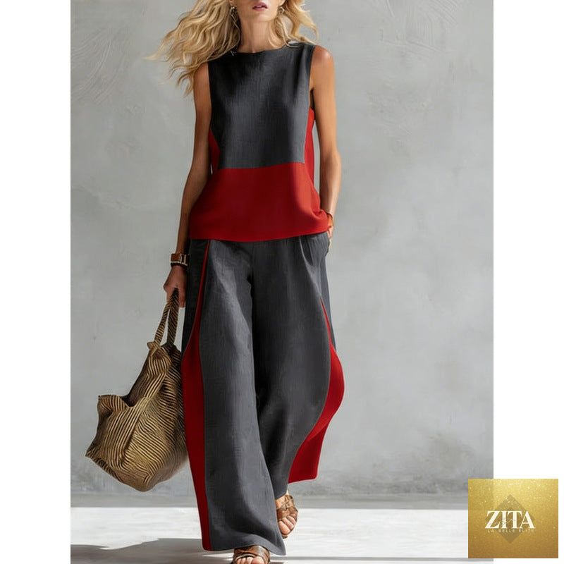 Printed retro sleeveless top and wide-leg pants set by MERIDGE, featuring vibrant 12 print designs, available in sizes S to 5XL.