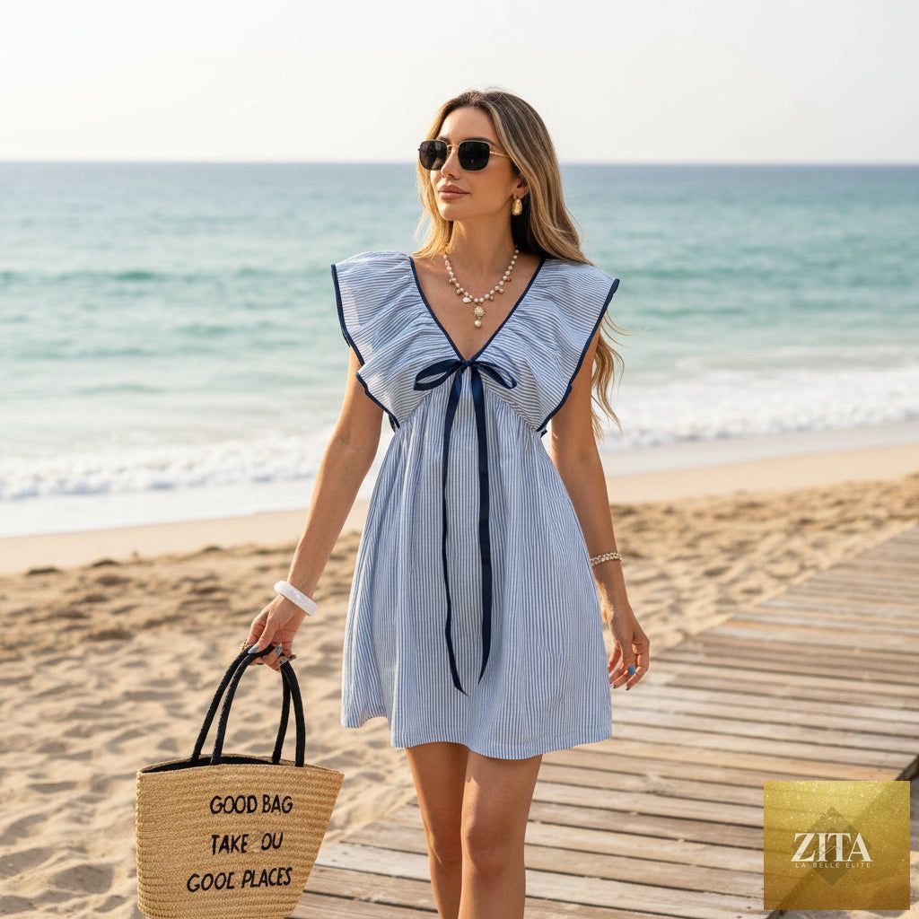 Women's FitiqueFit V-neck mini dress with puff sleeves and ruffle details, perfect for a flirty summer look.