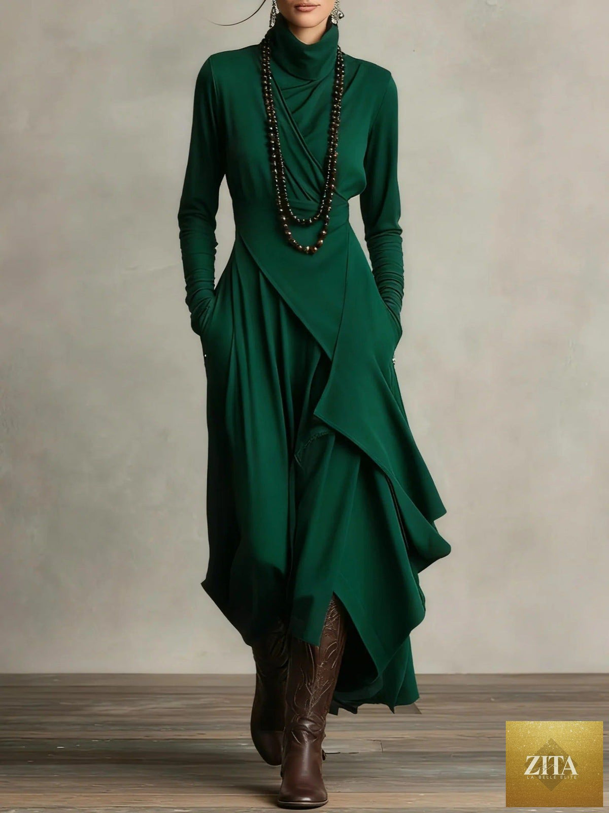 Women's Zita La Belle Elite cross-wrap high-neck long-sleeve maxi dress in casualwear style, featuring a flowing silhouette and elegant design.