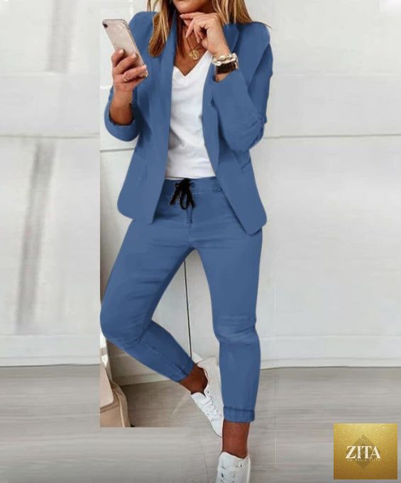 FitiqueFit lapel blazer and drawstring trousers two-piece suit in various colors, featuring tailored fit and stylish design.