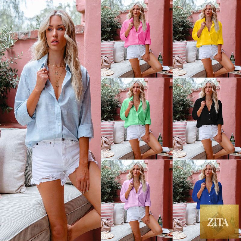 Zita La Belle Elite simple button-front long sleeve casual shirt top, elegant and versatile for everyday wear.