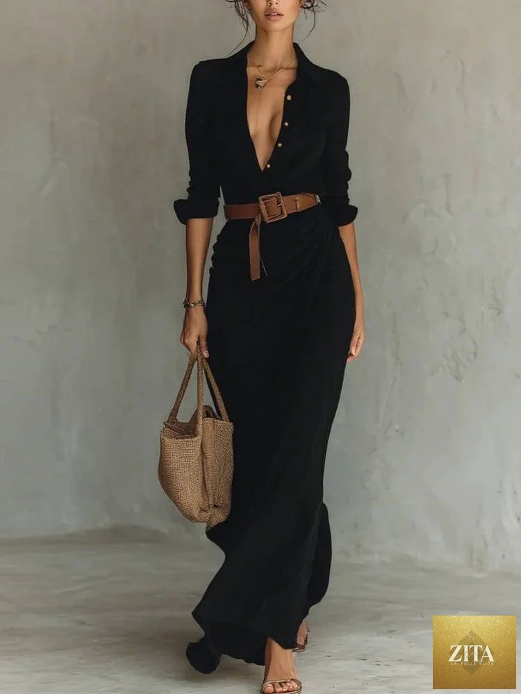 Women's elegant belted irregular ruffle long dress by Zita La Belle Elite, featuring a slim waist and casual wear style.