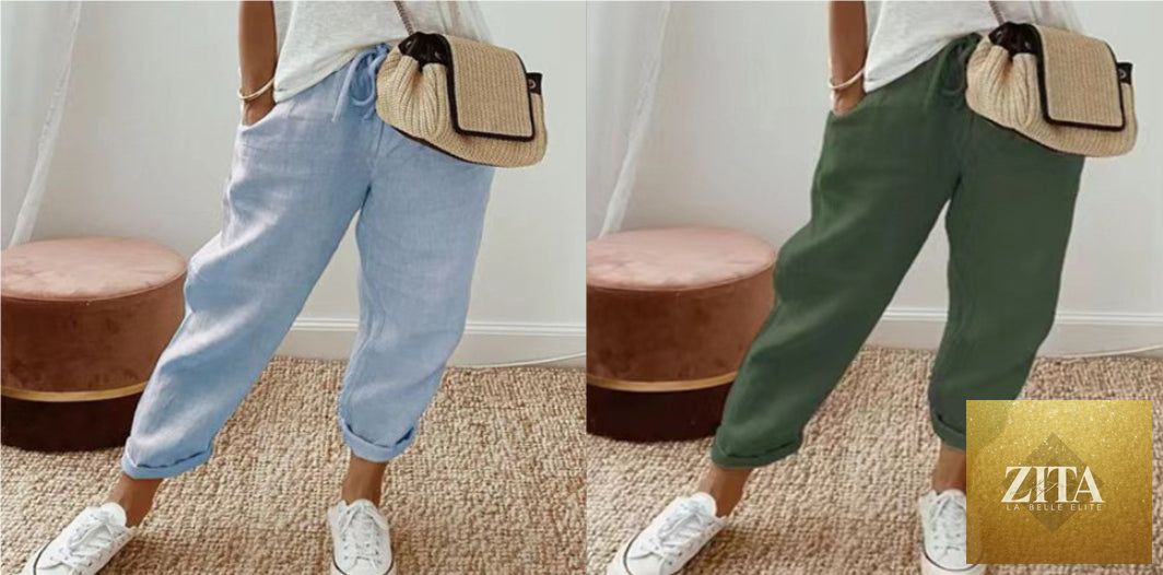Women’s cotton linen casual pants in solid color with a relaxed fit, from FitiqueFit, displayed on a neutral background.