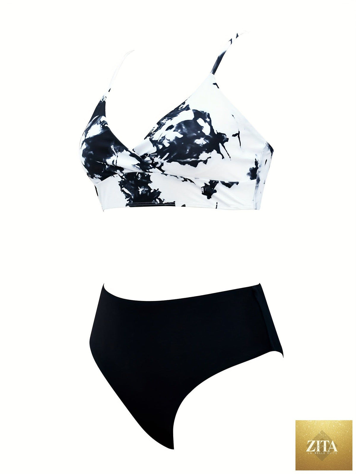 Stevvex Coastal Flair V-Neck Bikini Set with vibrant random print, spaghetti straps, high-cut shorts, and ultra-stretch comfort for women.