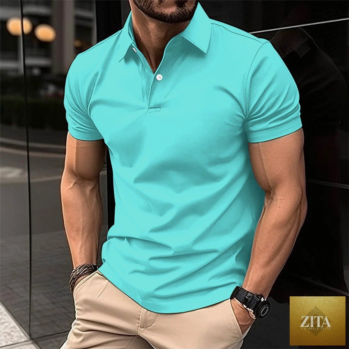 Mandotos men's summer short sleeve polo shirt in solid color with button lapel, casual and comfortable for warm weather.