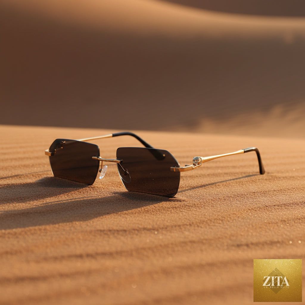 Gold frame cheetah rimless sunglasses with hip-hop style design, featuring dark lenses and trendy eyewear from FitiqueFit.