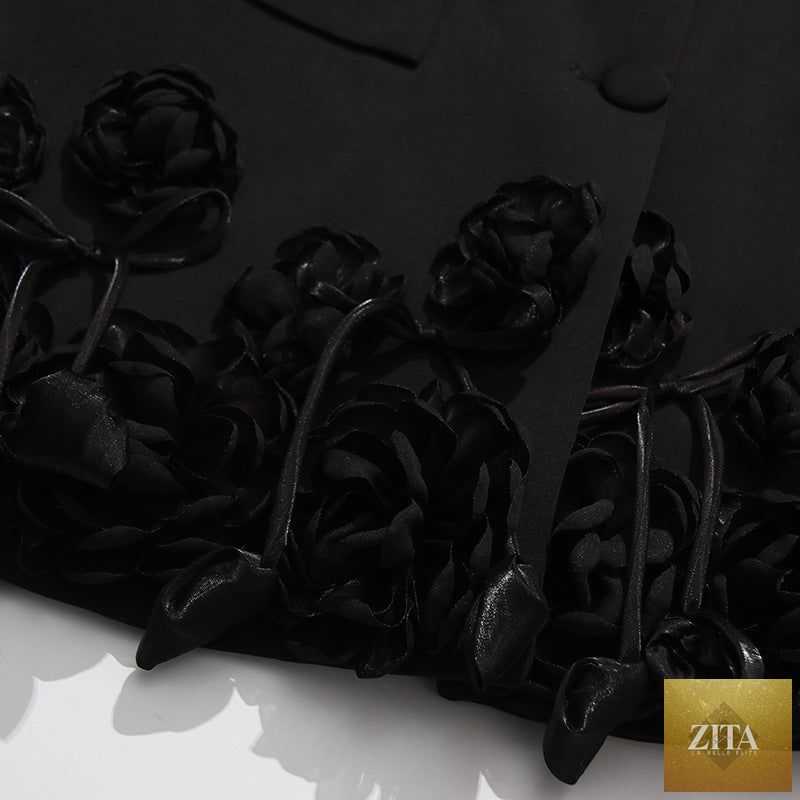 Women's elegant 3D floral loose-fit blazer by Zita La Belle Elite, regular length coat with stylish floral embroidery.