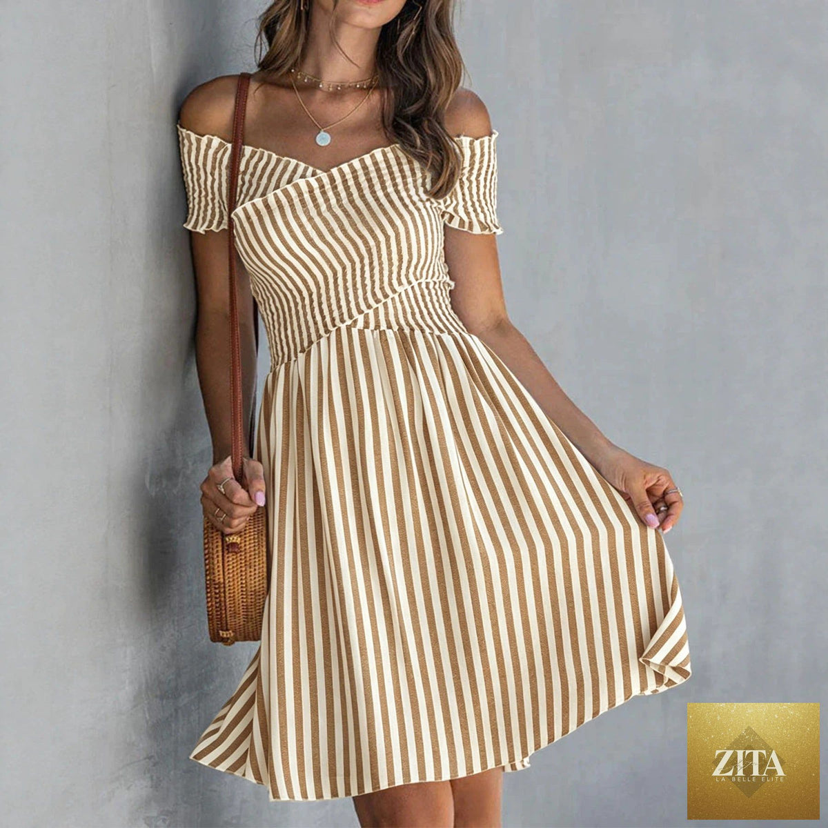 Women's off-shoulder striped waist-cinching midi dress by Zita La Belle Elite, casualwear with a fitted silhouette and elegant style.