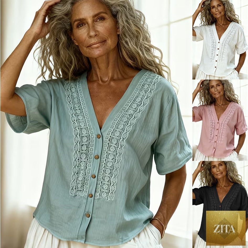 Women's loose-fit faux linen embroidered button-up top by Zita La Belle Elite, casualwear with floral embroidery and relaxed fit.