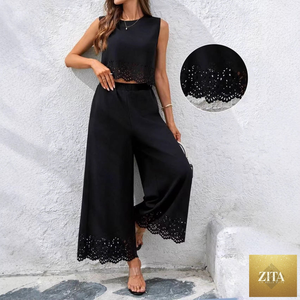Women's resort-style hollow-out tank top and pants set by Zita La Belle Elite, casualwear with pockets, lightweight and stylish.