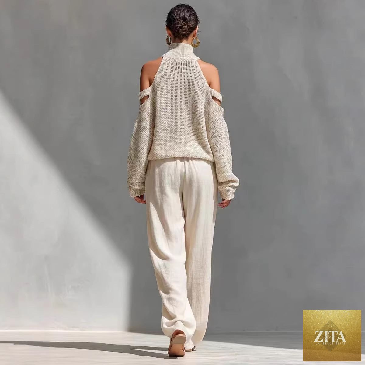 Zita La Belle Elite women's long-sleeve turtleneck and pants set, casualwear, with a sleek, fitted design in neutral tones.
