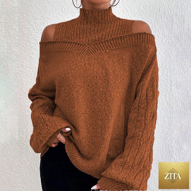 Women's cold shoulder high neck sweater by FitiqueFit, casual long sleeve pullover with cut-out shoulders, cozy and stylish.