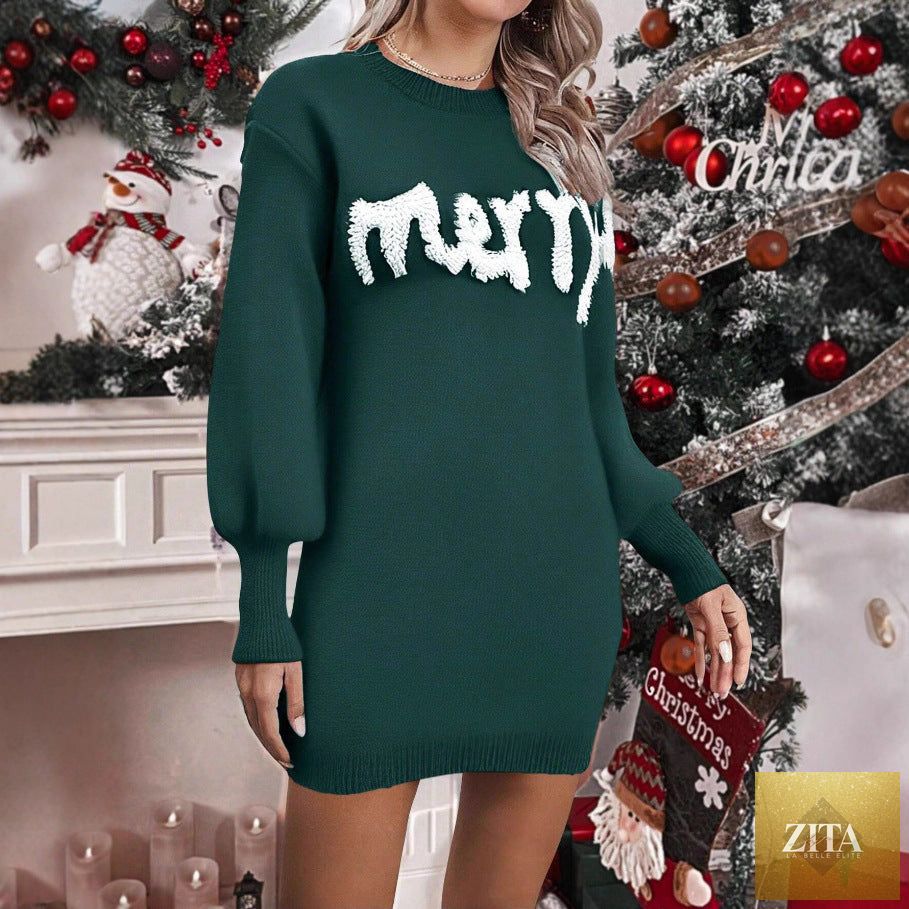 Women’s knitted Christmas lantern-sleeve pullover from FitiqueFit featuring a round neck and sheath style in festive red and green colors.