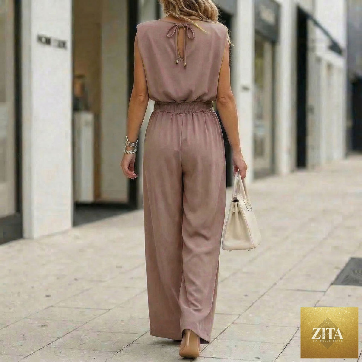 Zita La Belle Elite women's off-shoulder sleeveless wide-leg jumpsuit with high waist and belt, casual summer fashion.