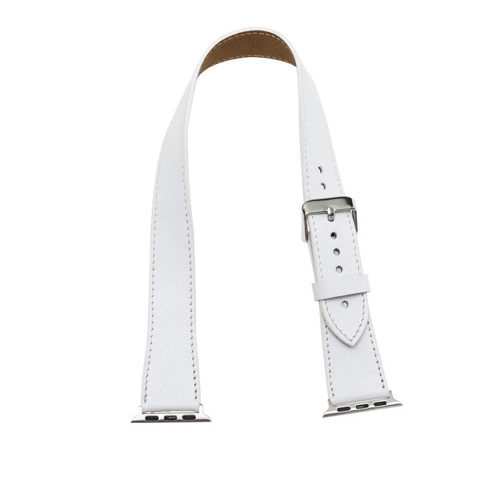 Luxury white leather double wrap Apple Watch band by LEATHERE, showcasing the stylish, high-quality leather strap on a watch.