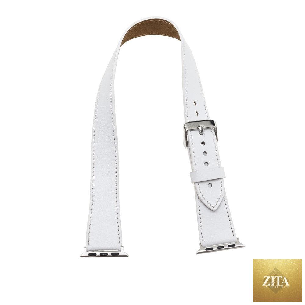 Luxury white leather double wrap Apple Watch band by LEATHERE, showcasing the stylish, high-quality leather strap on a watch.