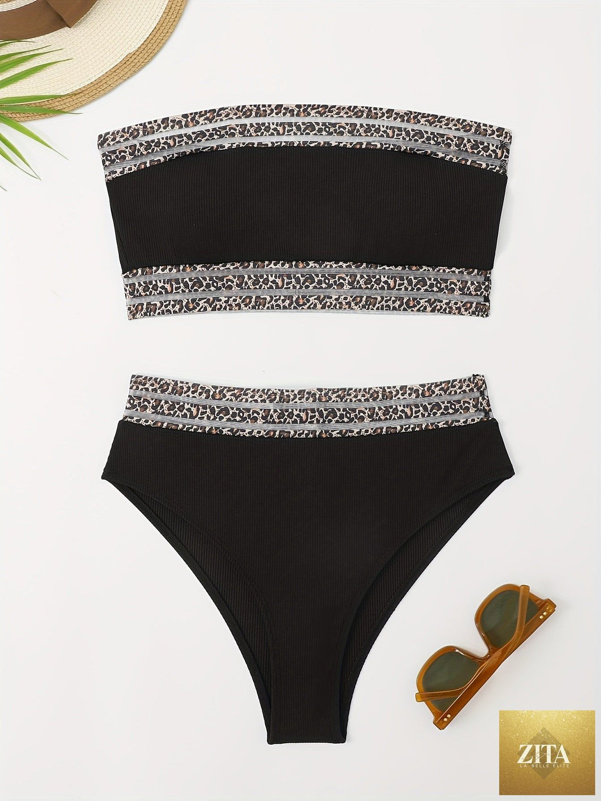 Stevvex leopard print high waist bandeau bikini set with mesh detail, perfect for beach, poolside, or summer vacations.
