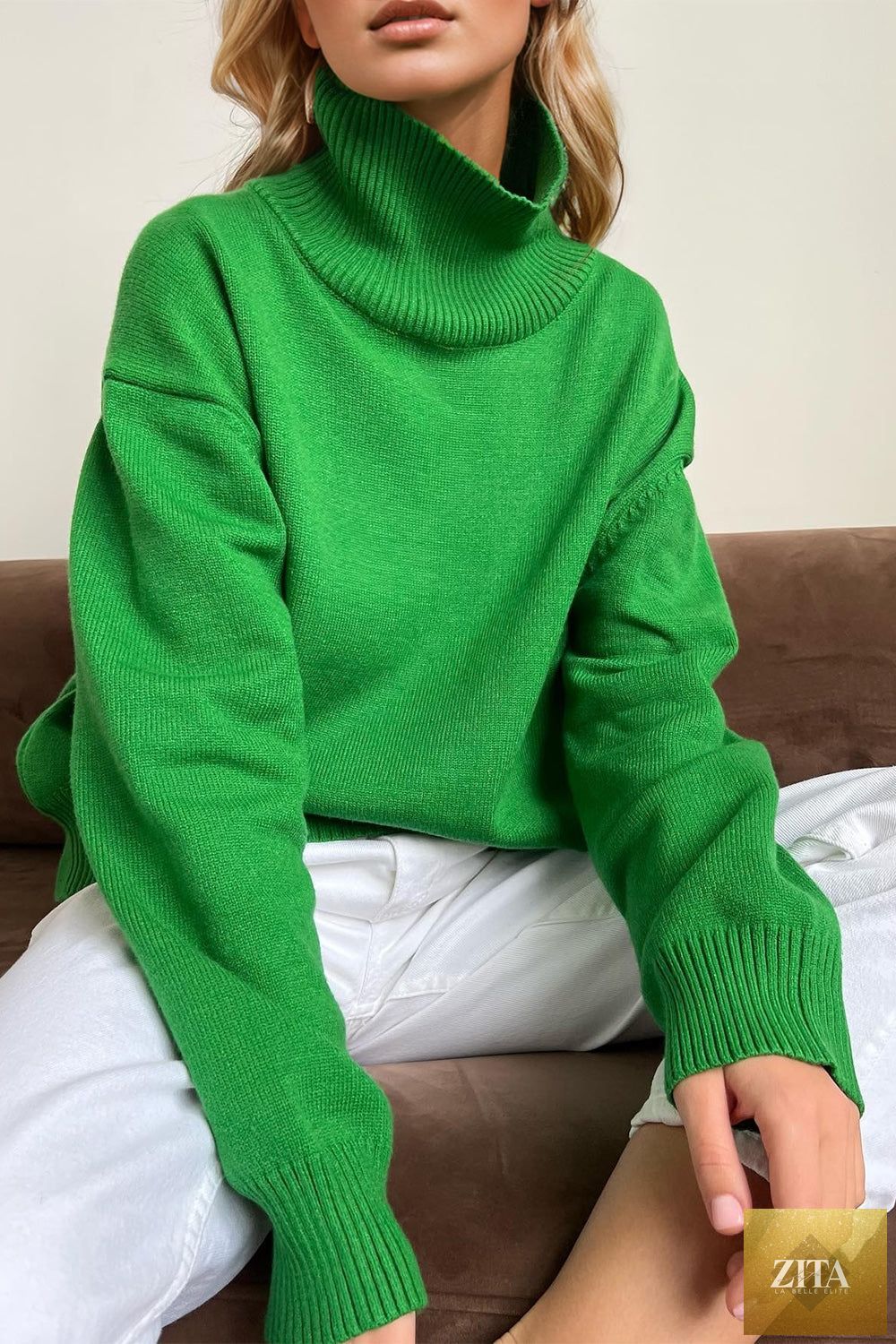 ShopBasicbae Basic Bae turtleneck sweater with dropped shoulders and long sleeves, shown in a cozy, casual fit.