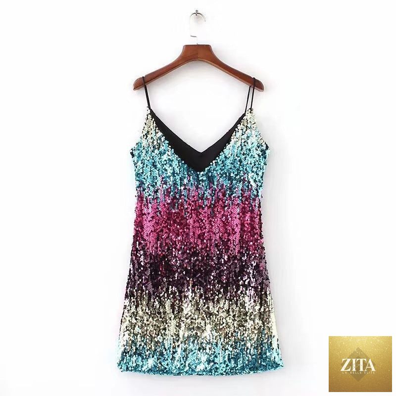 Shomicoboutique women's sparkly sequin sleeveless dress with spaghetti straps, perfect for nightlife and evening parties.