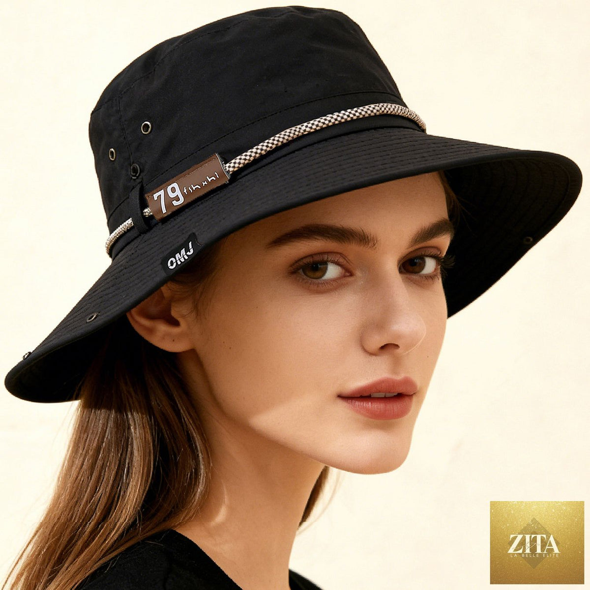 Wide-brim leather patch fisherman hat by Zita La Belle Elite, UV sun protection outdoor hat with wide brim and classic style.