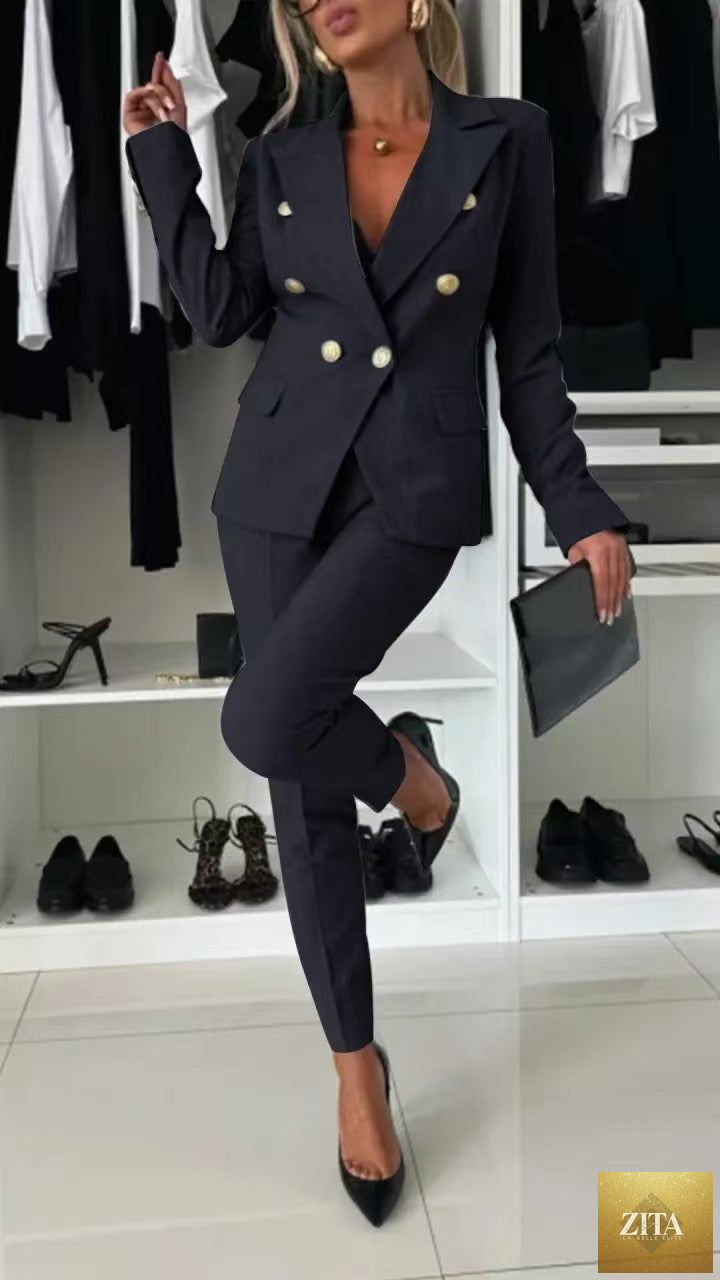 FitiqueFit double-breasted blazer and zip-up trousers two-piece set displayed on a model, showcasing tailored fit and stylish design.