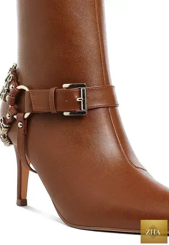 Femstylo buckle harness stiletto boots with 3-inch heels, black leather footwear featuring buckle details and sleek design.
