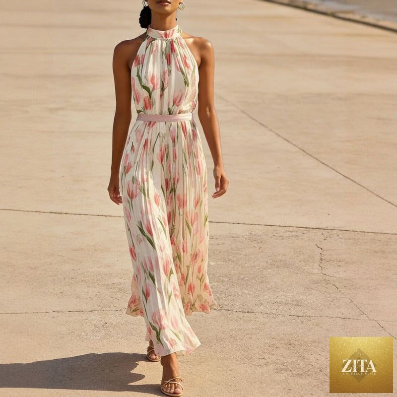 Women's halterneck high-waist swing dress by FitiqueFit featuring floral and solid print casualwear design.