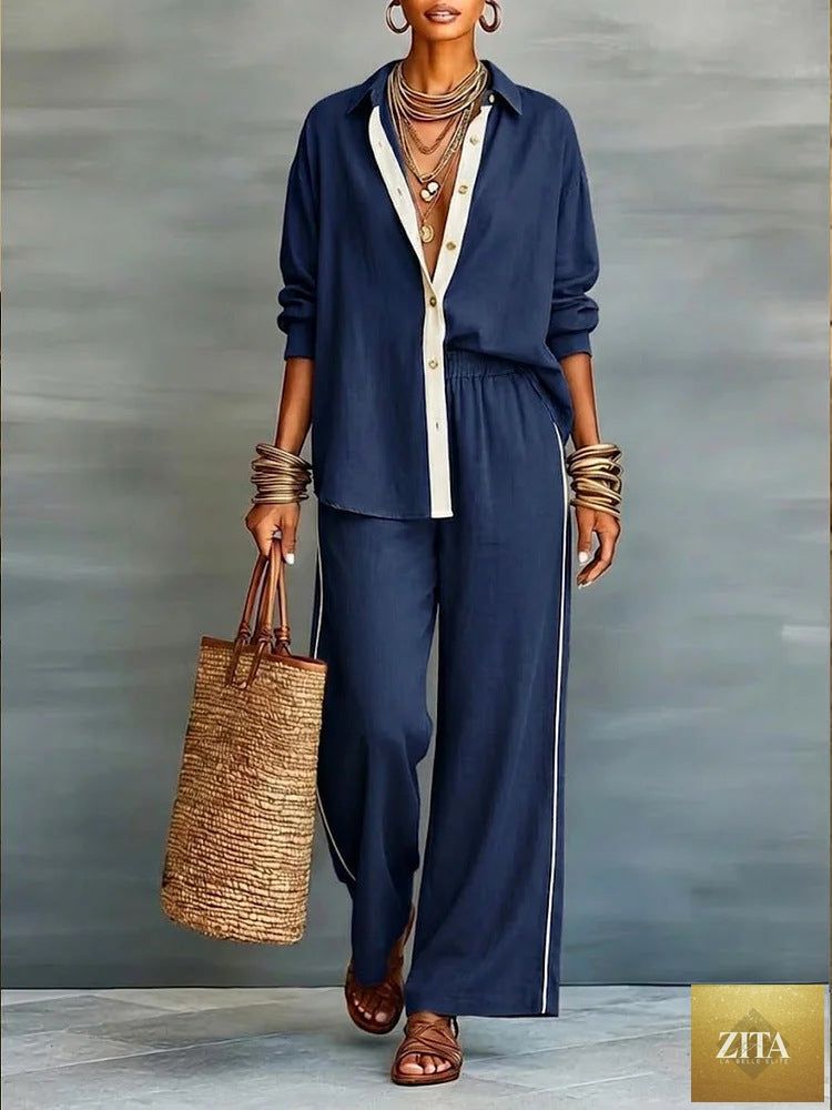 Zita La Belle Elite contrast-color long-sleeve shirt and pants casualwear set, featuring a stylish two-piece design for relaxed wear.
