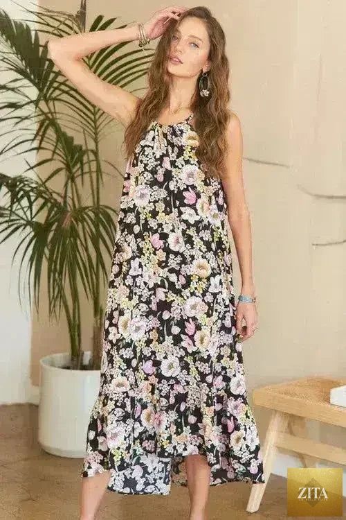 Femstylo ADORA Floral Grecian Midi Dress in polyester, featuring a flowing silhouette with a floral pattern and elegant design.