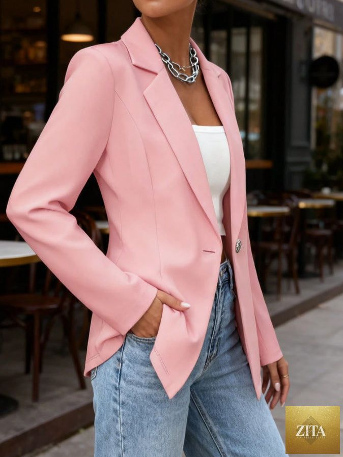 Women's slim fit blazer with lapel collar and long sleeves, featuring a waist-cinched design by FitiqueFit.