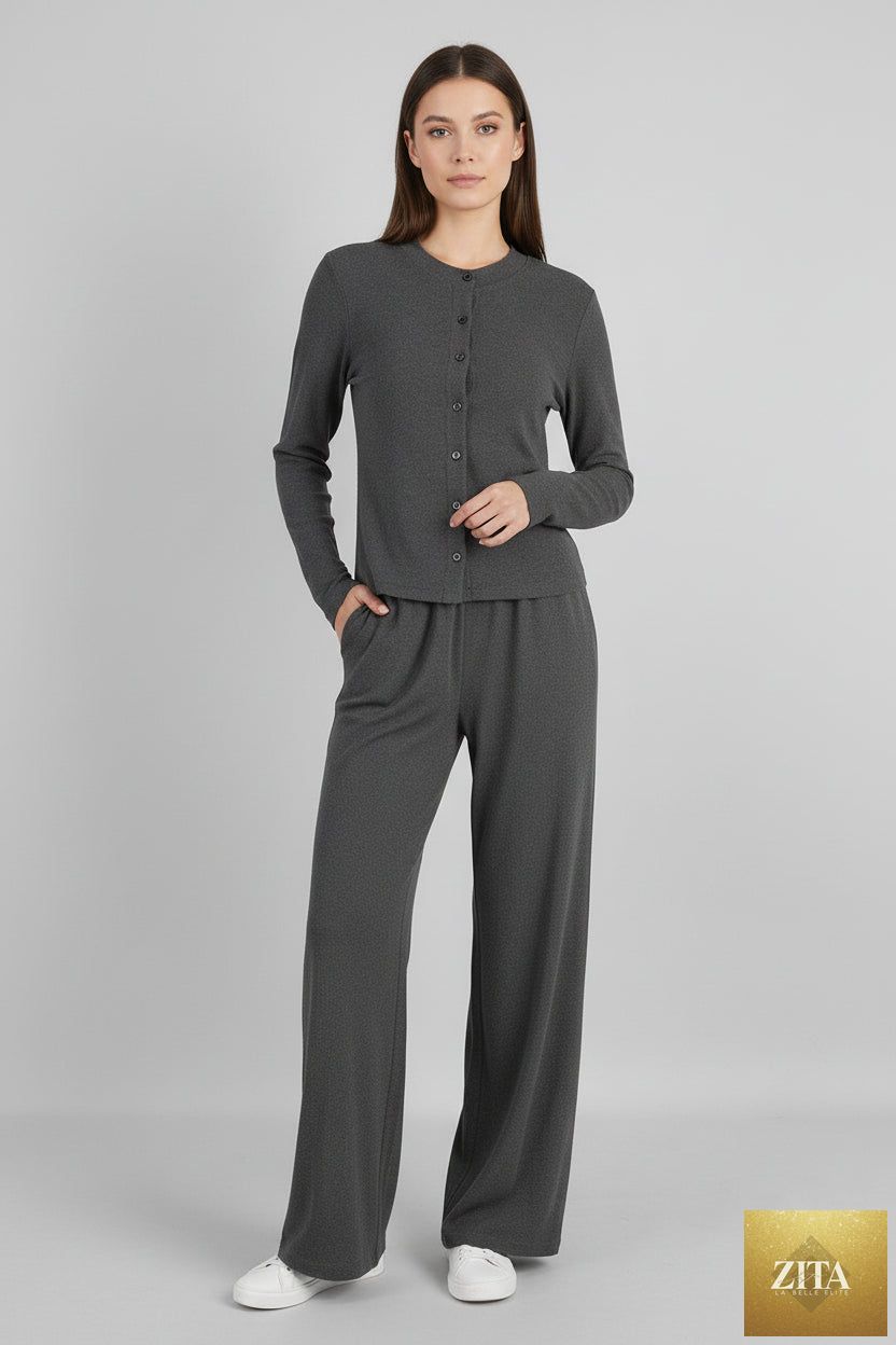 Zita La Belle Elite women's casual knit cardigan with half-high neckline and ribbed texture paired with button-front trousers.