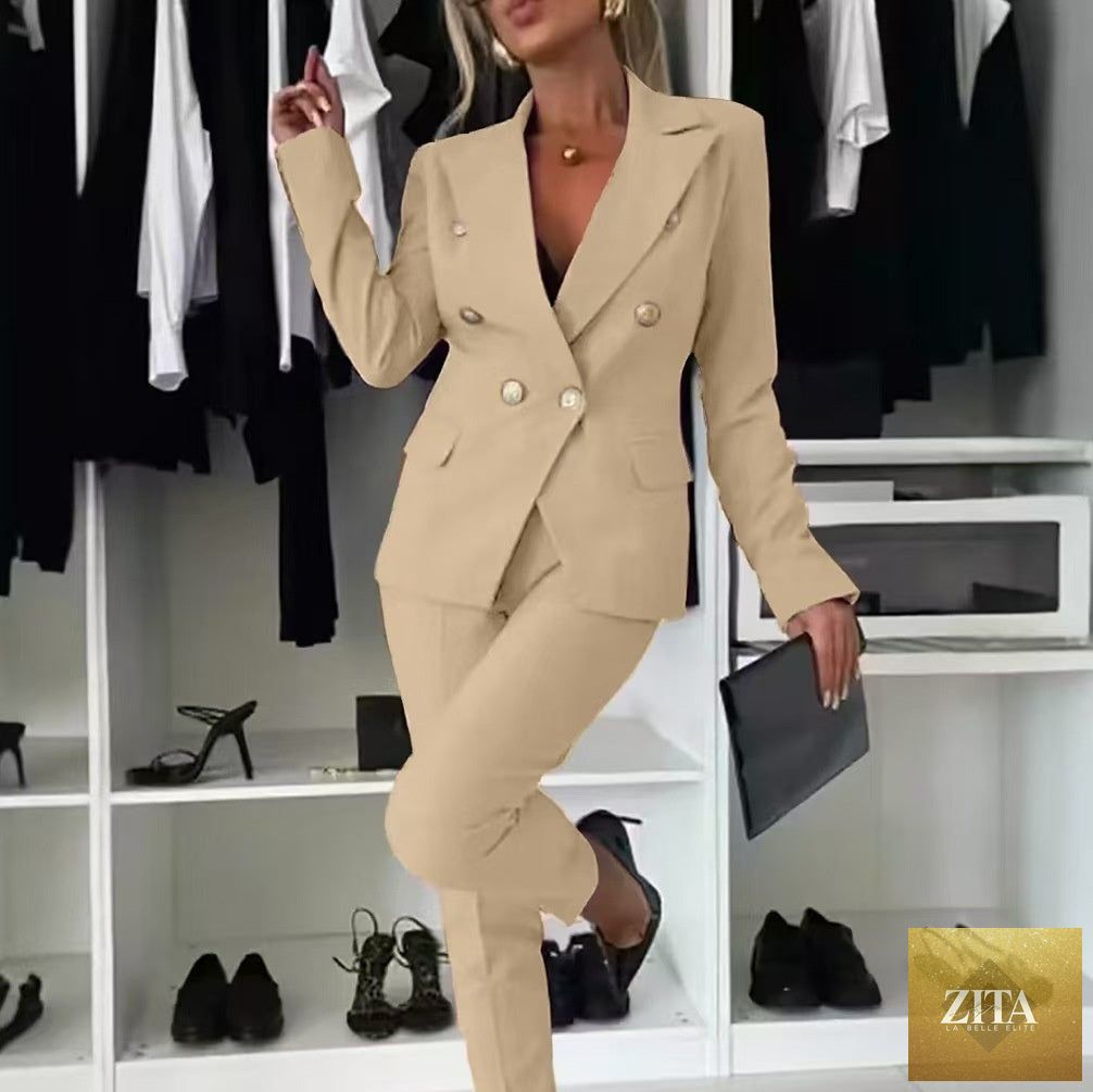 FitiqueFit double-breasted lapel blazer and zip-up trousers two-piece suit, shown in a stylish, coordinated outfit.