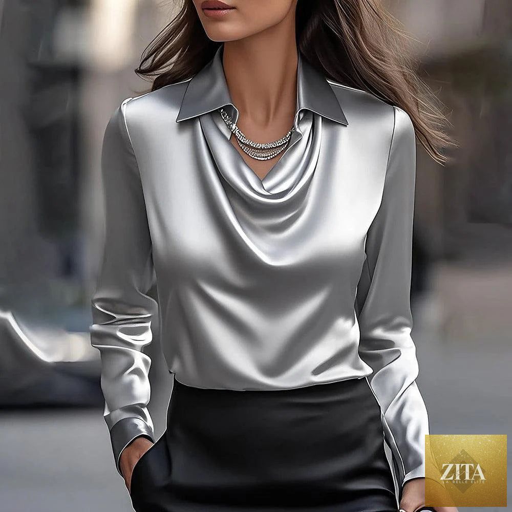 FitiqueFit long sleeve satin swing collar top, elegant casual commuter shirt with soft fabric and stylish design.