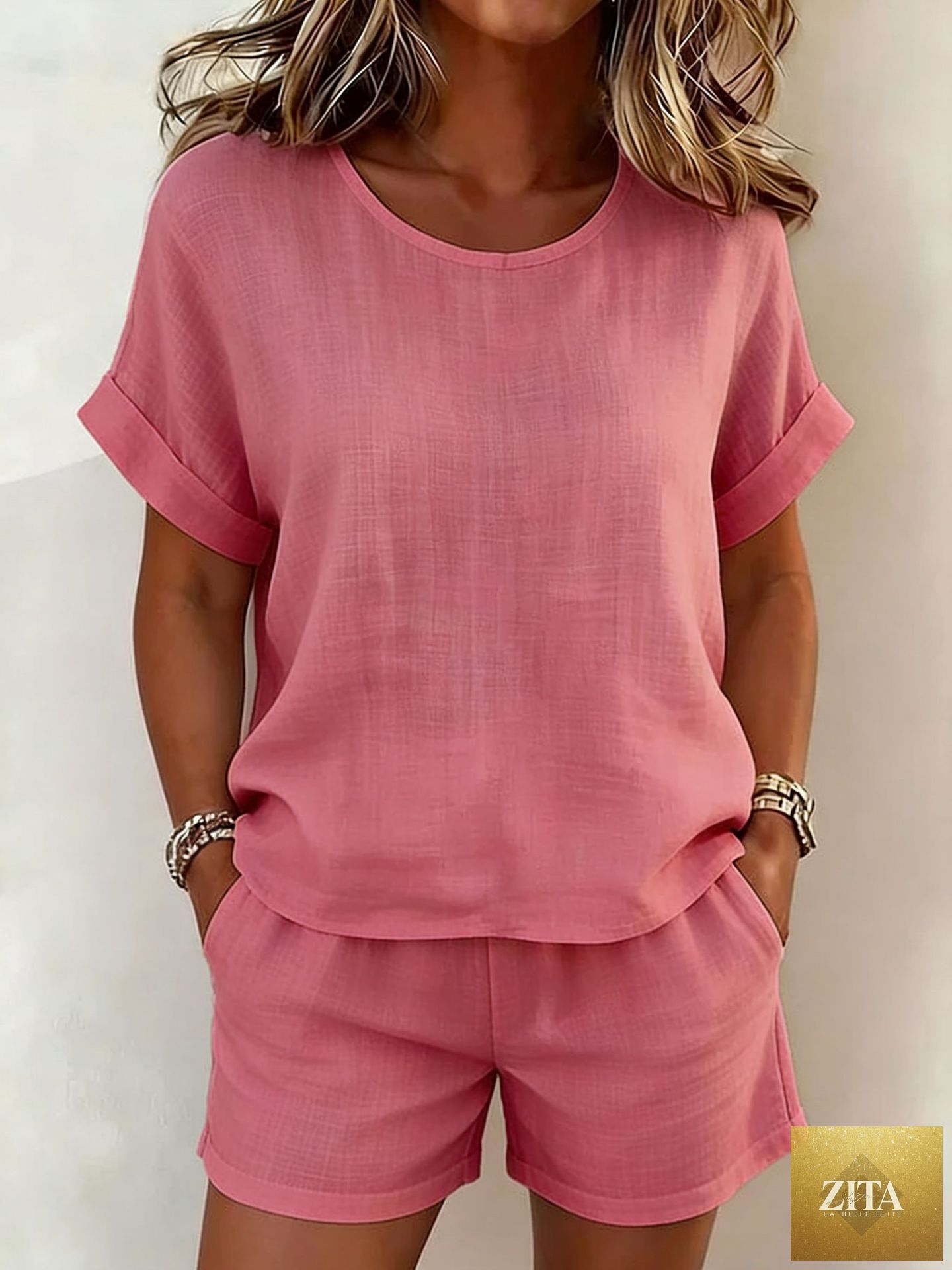 Women's Relaxed Cotton-Linen Cuffed Sleeve Top & Shorts Two-Piece Set