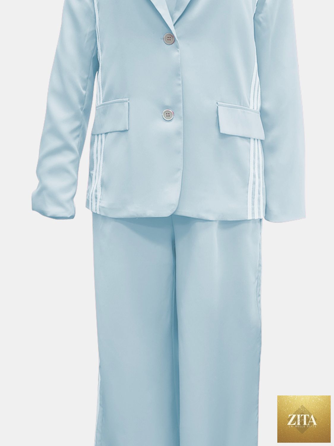 Wild and Free Boutique side striped long sleeve blazer and matching pants set, stylish and comfortable for casual or semi-formal wear.