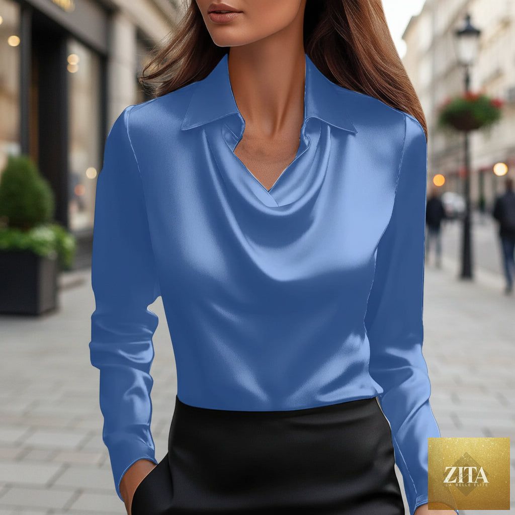 Long sleeve satin swing collar top by FitiqueFit, casual elegant commuter shirt with a smooth, shiny fabric and relaxed fit.