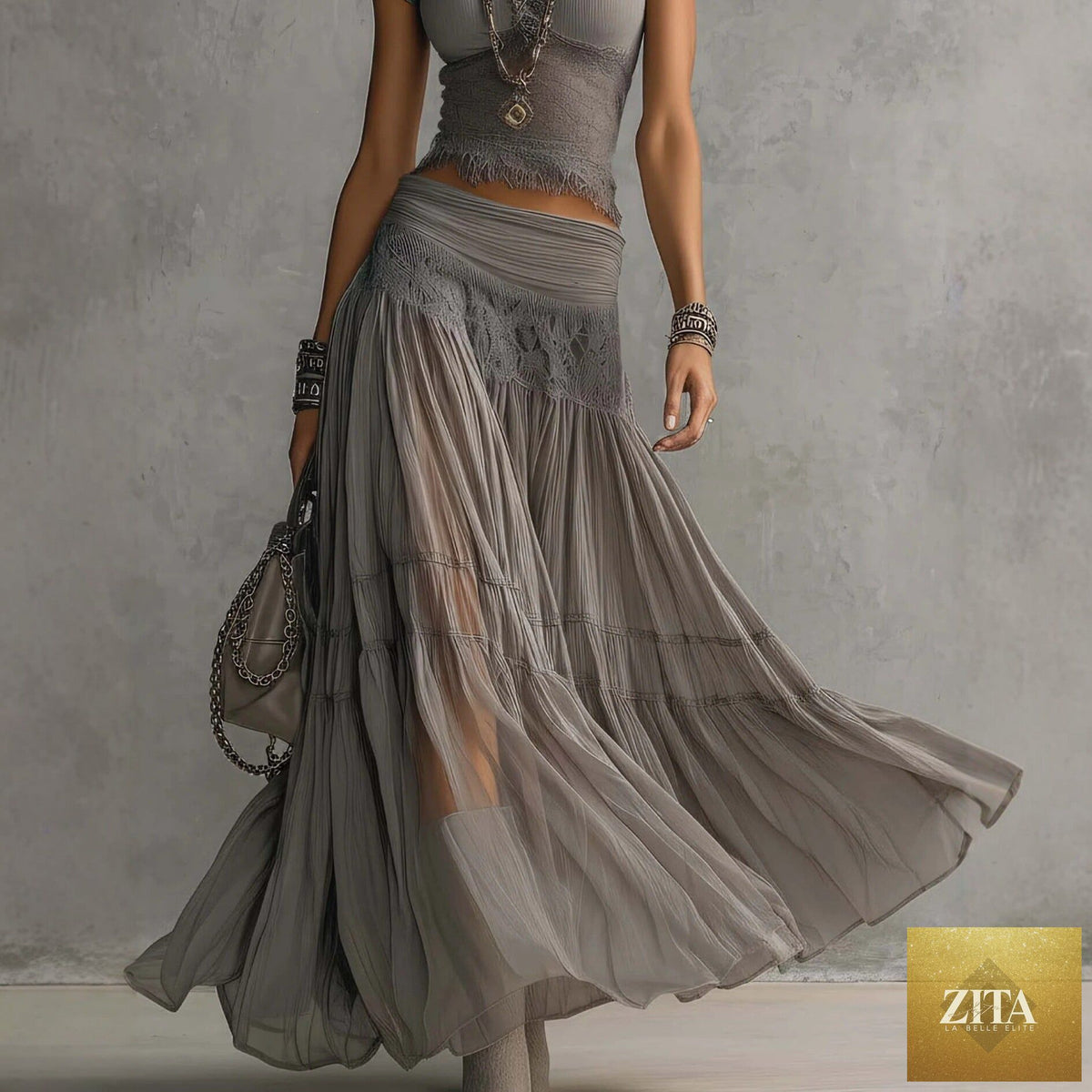 Women's Ribbed Knit Fringe-Hem Crop Top & Tiered Crinkle Chiffon Maxi Skirt Boho-Luxe Set