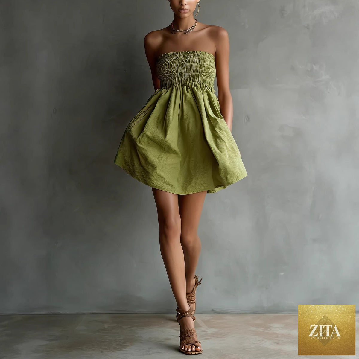 Women’s strapless tube mini dress by Zita La Belle Elite, solid color casualwear with elastic waist, perfect for warm weather.