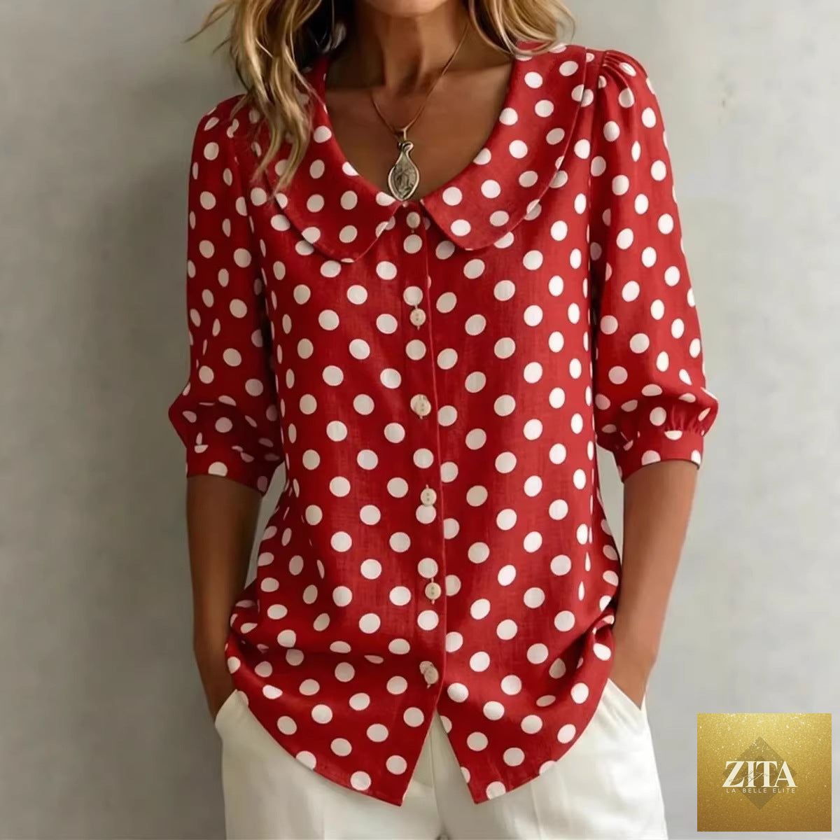 Women's retro polka dot three-quarter sleeve loose cardigan shirt by Zita La Belle Elite, casualwear with a vintage-inspired style.