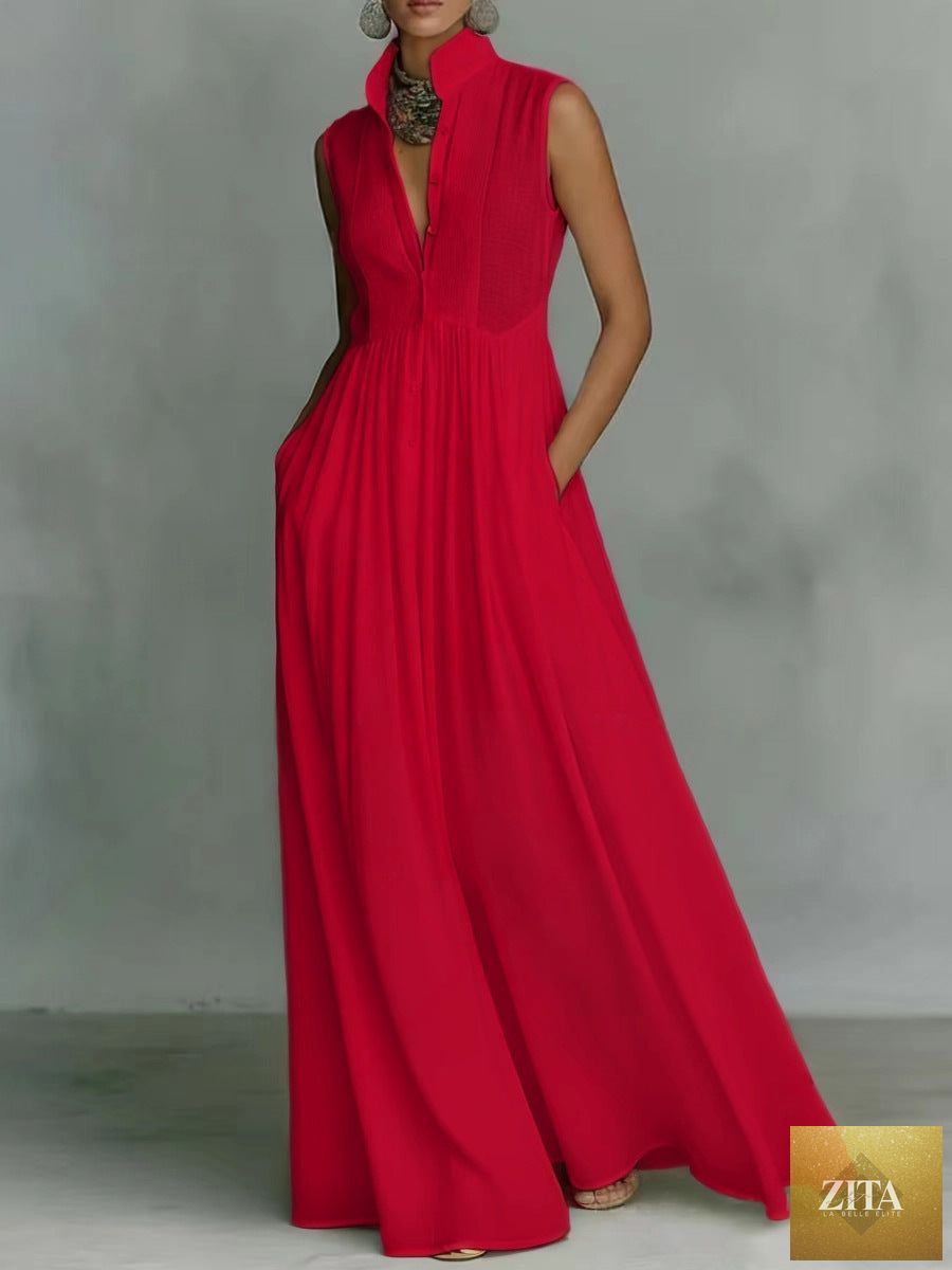 Women's French-style high-waist midi dress with ribbon tie, casualwear by FitiqueFit, featuring a flowy silhouette and elegant design.