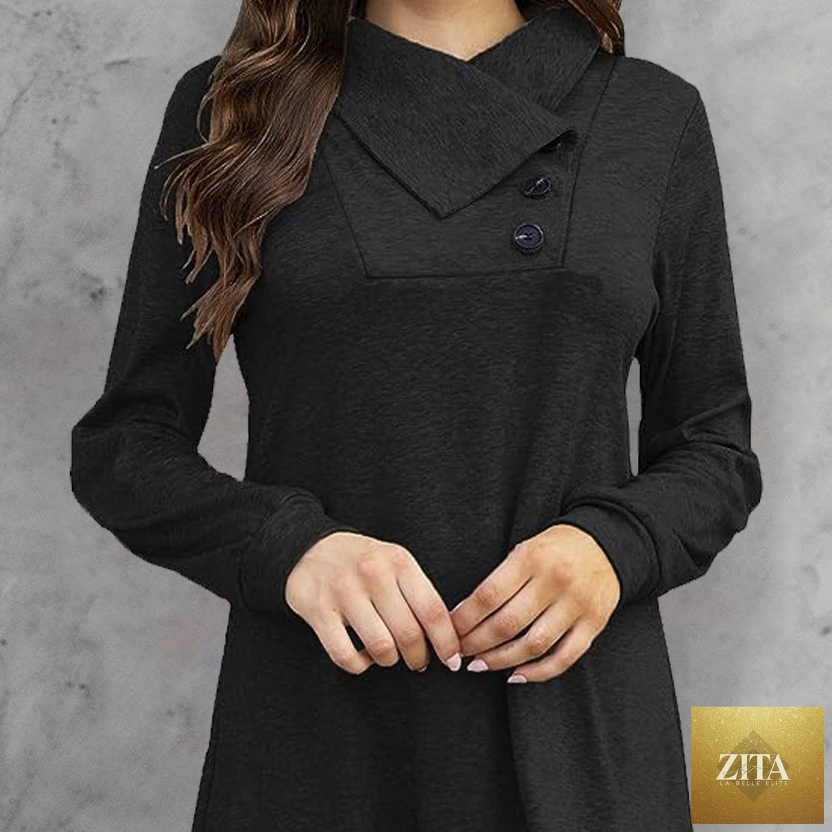 Women's long sleeved hood collar button waist T-shirt from Zita La Belle Elite, stylish casualwear top with a fitted silhouette.