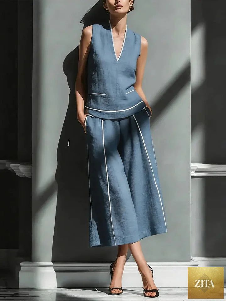 Zita La Belle Elite women's sleeveless linen shirt and cropped pants set, casual 2-piece linen outfit, perfect for warm weather.
