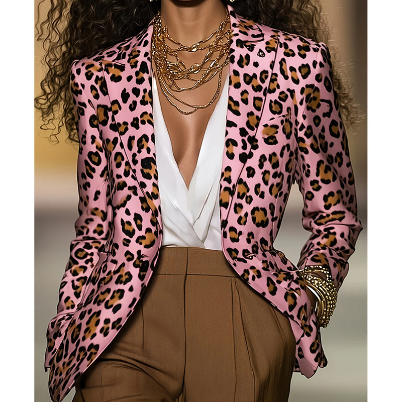 Women's pink leopard blazer by FitiqueFit, casualwear style, showcasing the fitted blazer with pink and black leopard print fabric.