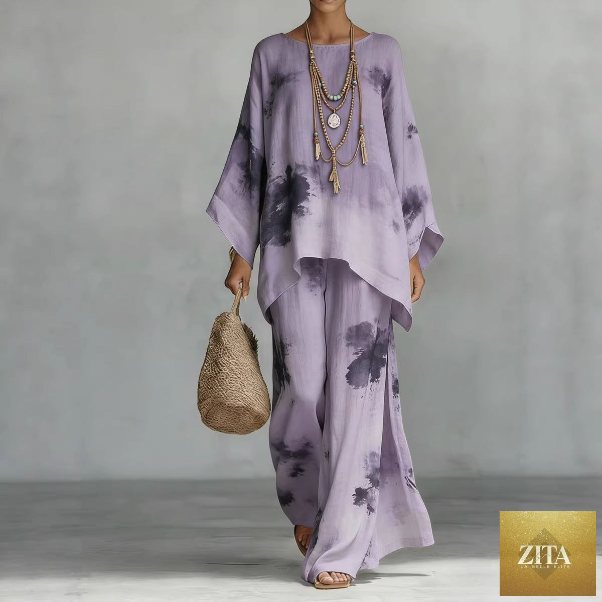 Zita La Belle Elite floral print bamboo linen two-piece set with wide-leg pants, featuring colorful botanical designs.