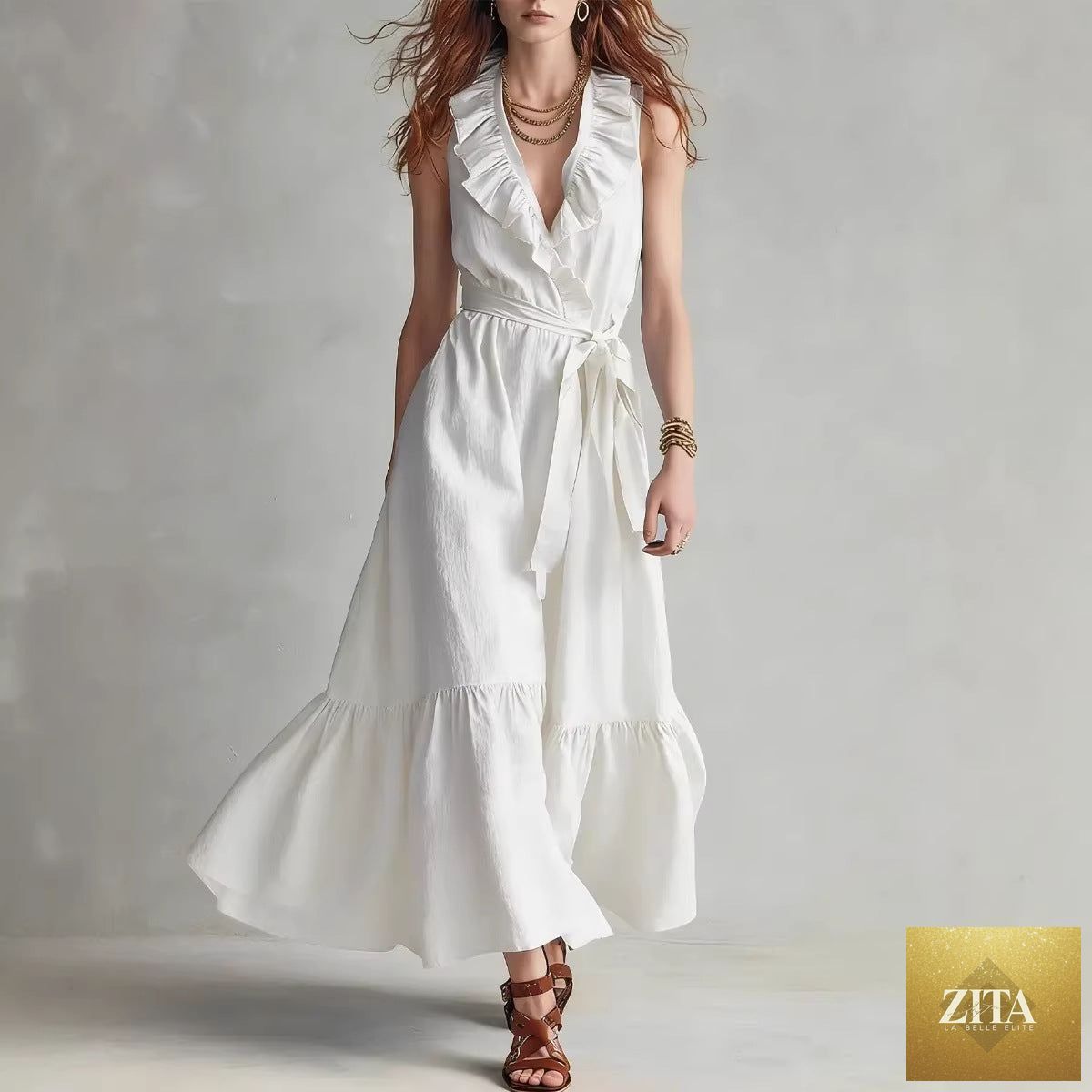 Women's FitiqueFit V-neck sleeveless maxi dress with lace-up panel details and wide flare, perfect for casual wear.