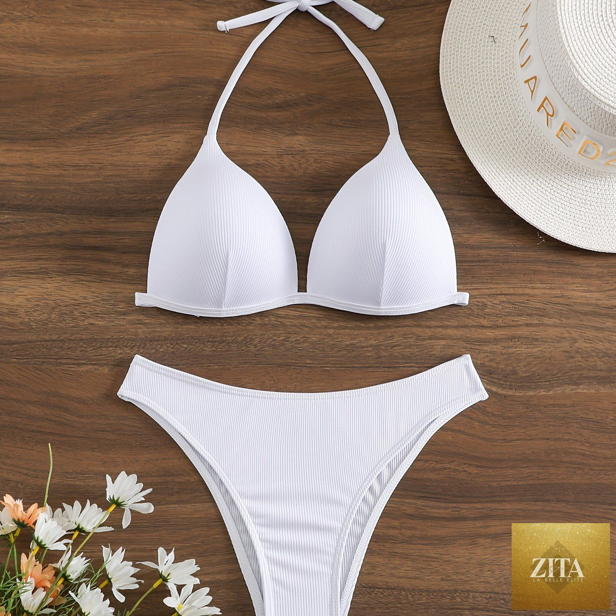 Stevvex rib knit solid color triangle bikini set with adjustable tie back and spaghetti straps, perfect for summer beach and poolside.